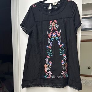 Embroidered Black Mini Dress - Large